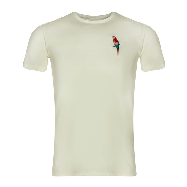 Unisex White Tee with Parrot Embroidery