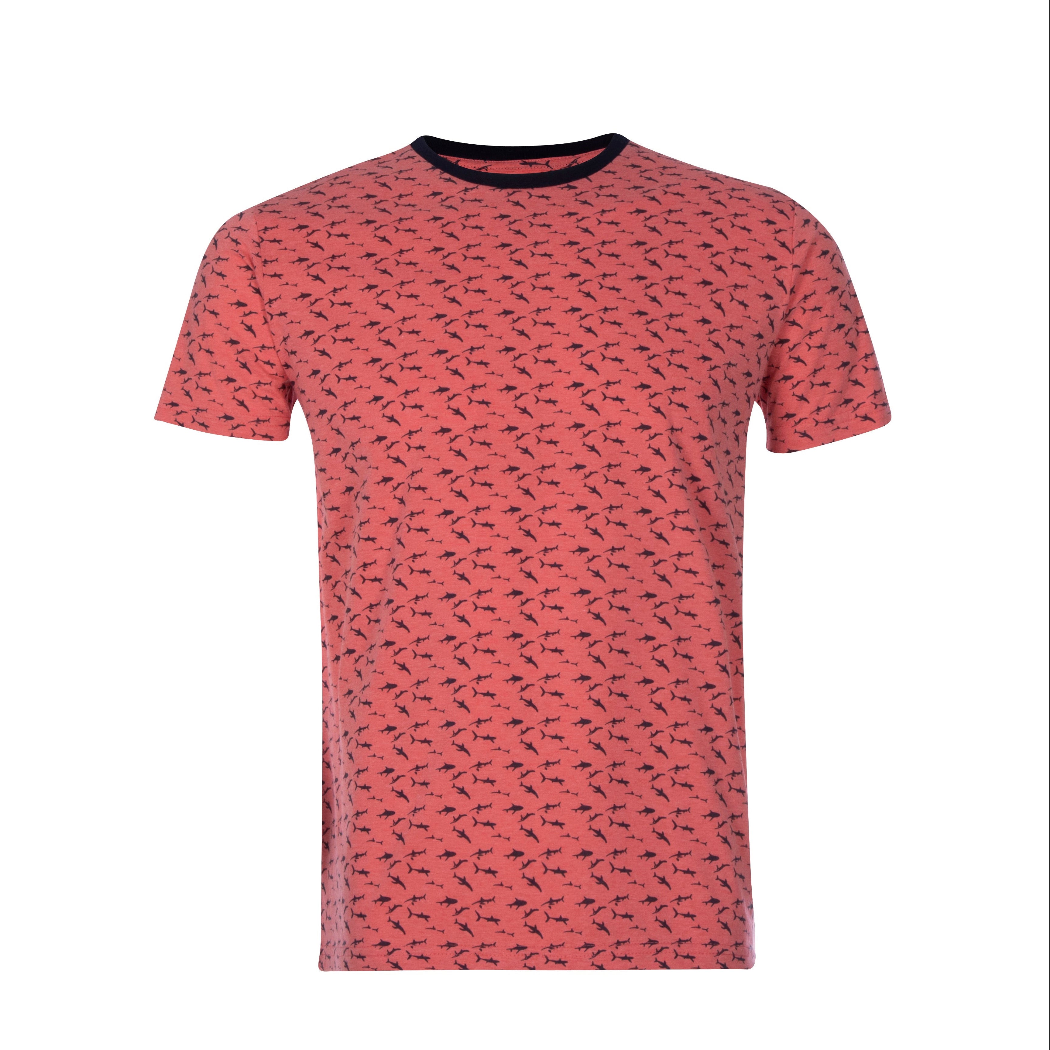 A short-sleeve crewneck t-shirt in a dusty rose pink color, featuring an all-over black insect pattern and a contrasting black ribbed collar, shown against a plain white background.